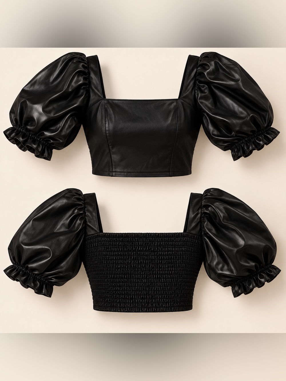 Fashion Nova Black Faux Leather Puff Sleeve Crop Top
